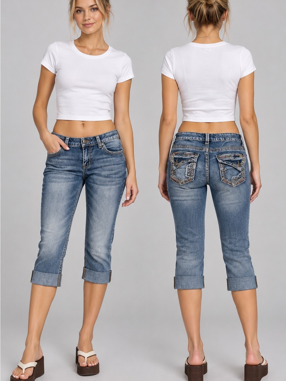 Ariya Jean Women’s 11/12 Cuffed Denim Capris with Embellished Pockets Y2K Style